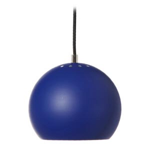 Ball-18 pendant light. A classic cobalt blue globe lamp with black adjustable fabric cord.