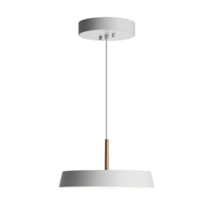Valkoinen Kimber-kattovalaisin messinkisellä varrella. Valaisimen halkaisija 30 senttimetriä. Valaisimessa on kiinteä TRIAC-himmennettävä 17 W LED.