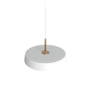 White Kimber pendant light with brass stem. The diameter of the lamp is 30 centimeters. The lamp has a fixed TRIAC dimmable 17 W LED.