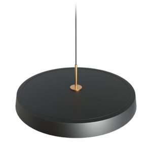 Musta Kimber-kattovalaisin messinkisellä varrella. Valaisimen halkaisija 50 senttimetriä. Valaisimessa on kiinteä TRIAC-himmennettävä 37 W LED.