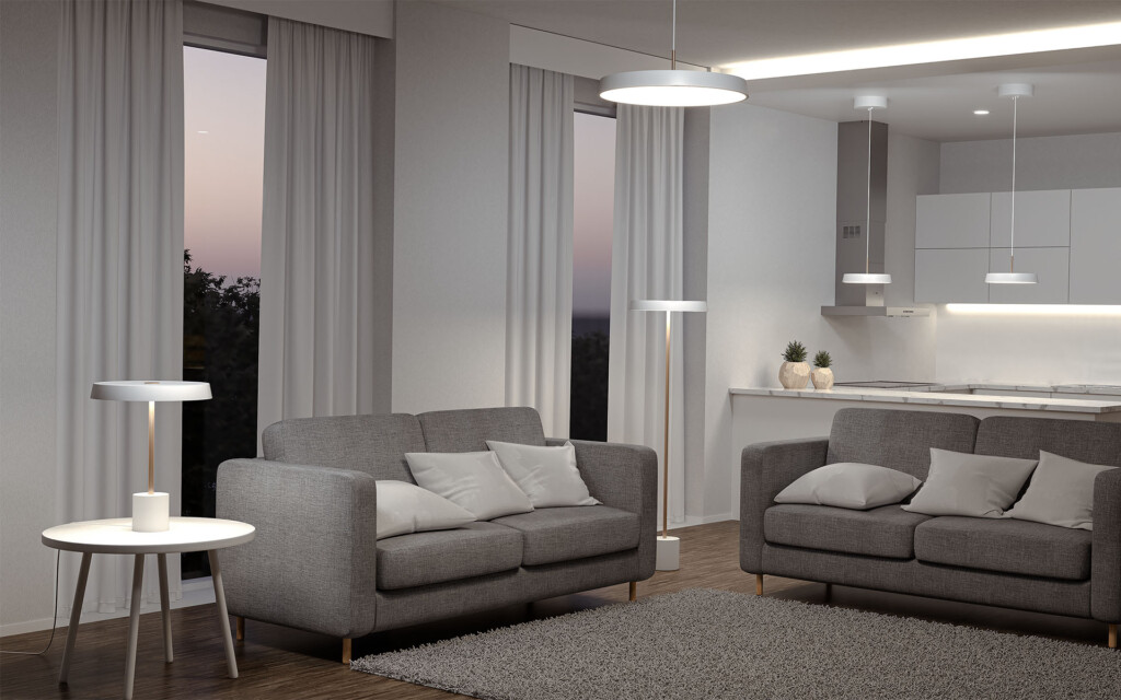 Valkoiset LED valaisimet olohuoneessa Kimber tuoteperheestä