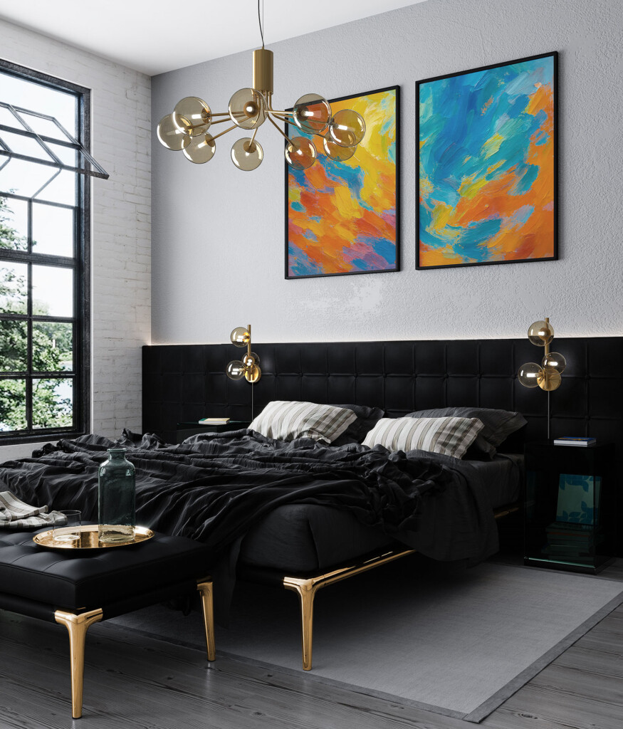 lasikupuiset messinkiset seinävalaisimet makuuhuoneessa saman sarjan kattovalaisimen kanssa