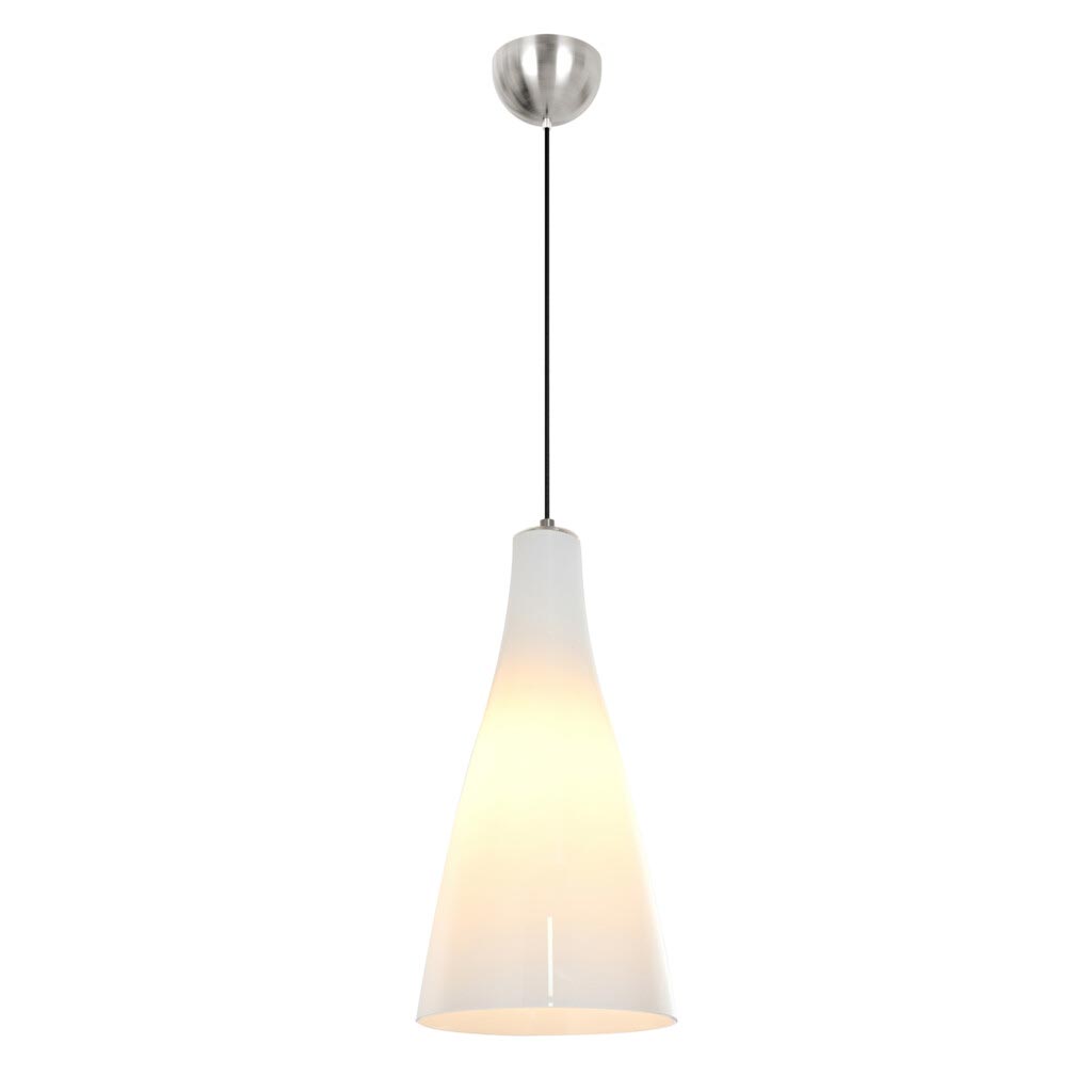 Glory pendant light with a tall white glass dome and a brushed metal ceiling dome.