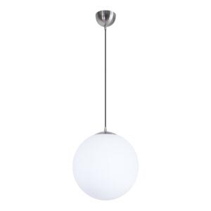 Sol ceiling lamp with opal glass hood and brushed steel colored ceiling cup.