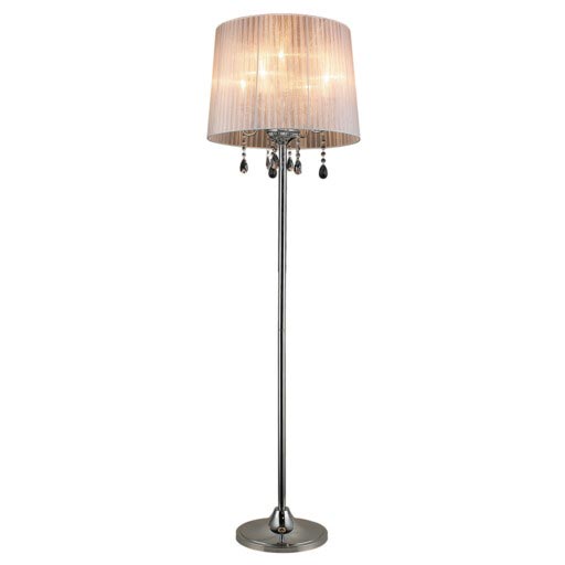 Crystal floor lamp with chrome body, white shade and crystal decorations.