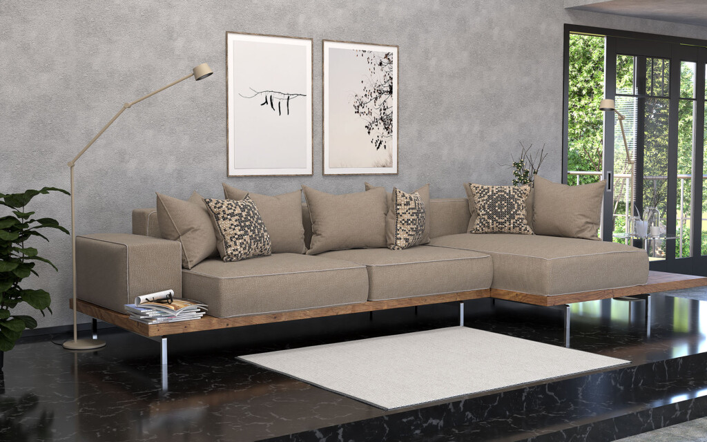 Khakin väriset Link-lattiavalaisimet modernissa olohuoneessa