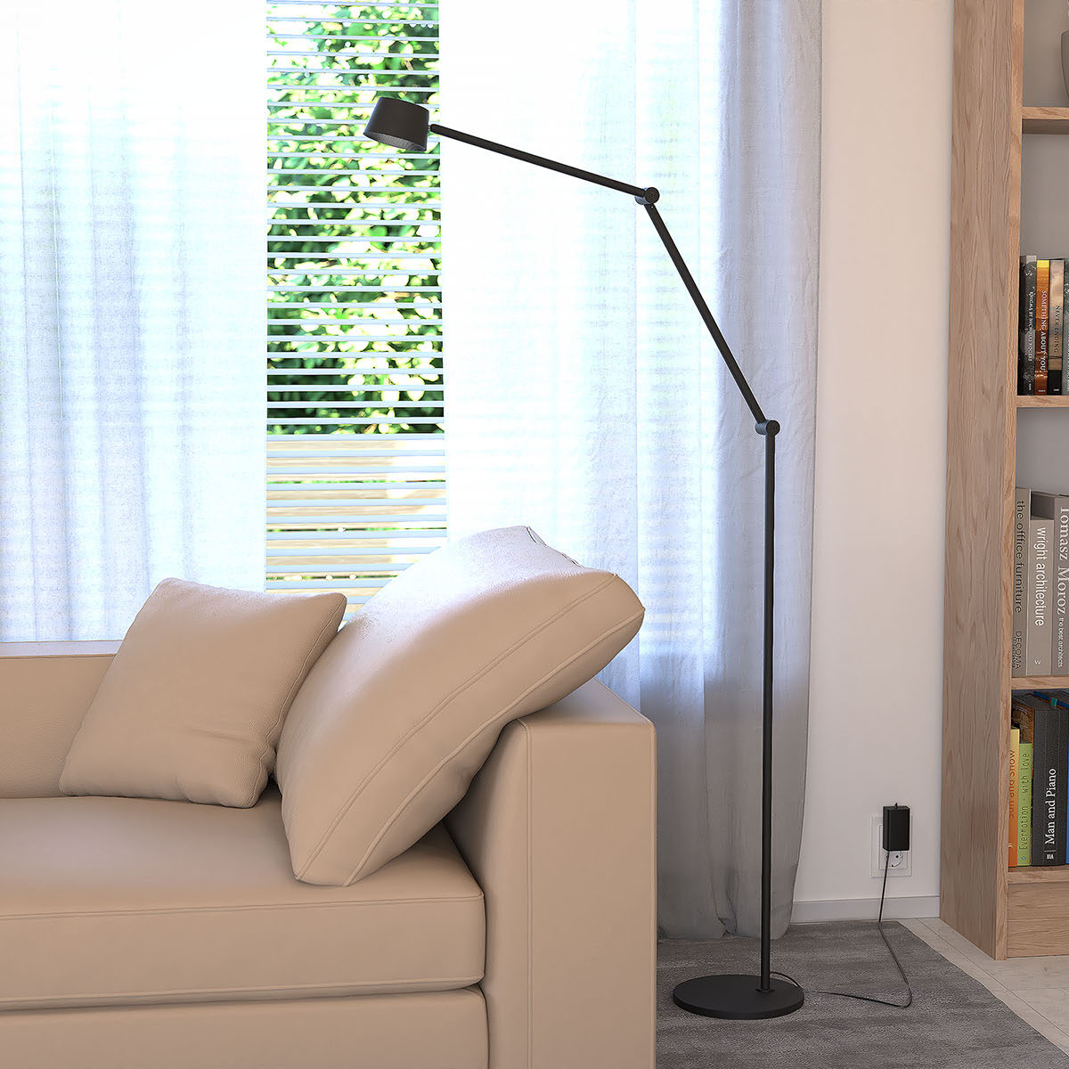 Musta Link-lattialamppu olohuoneessa sohvan vieressä